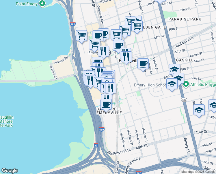 map of restaurants, bars, coffee shops, grocery stores, and more near 5666 Bay Street in Emeryville