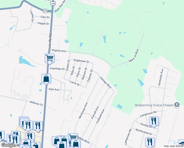 map of restaurants, bars, coffee shops, grocery stores, and more near Flamingo Dr in Bardstown