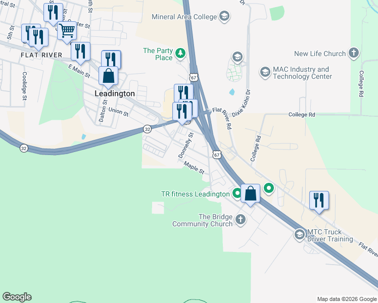 map of restaurants, bars, coffee shops, grocery stores, and more near 14 Donnally Street in Leadington