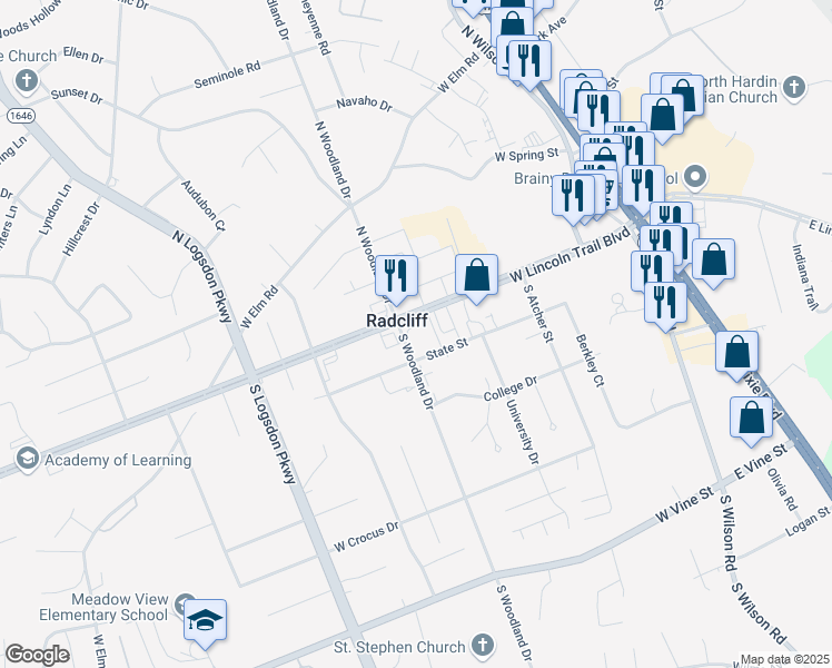 map of restaurants, bars, coffee shops, grocery stores, and more near 590 West Lincoln Trail Boulevard in Radcliff