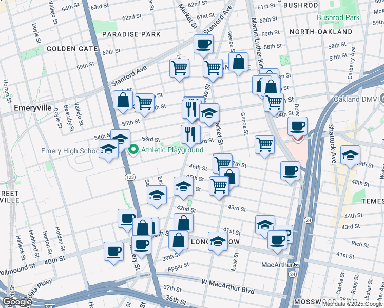 map of restaurants, bars, coffee shops, grocery stores, and more near 4600 Adeline Street in Emeryville