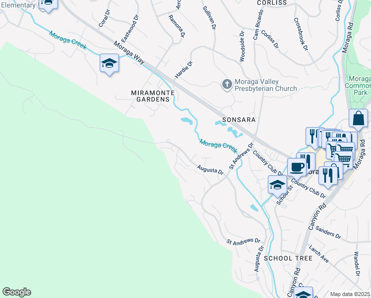 map of restaurants, bars, coffee shops, grocery stores, and more near 591 Augusta Drive in Moraga