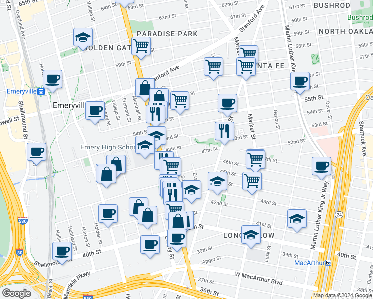 map of restaurants, bars, coffee shops, grocery stores, and more near 1076 47th Street in Emeryville