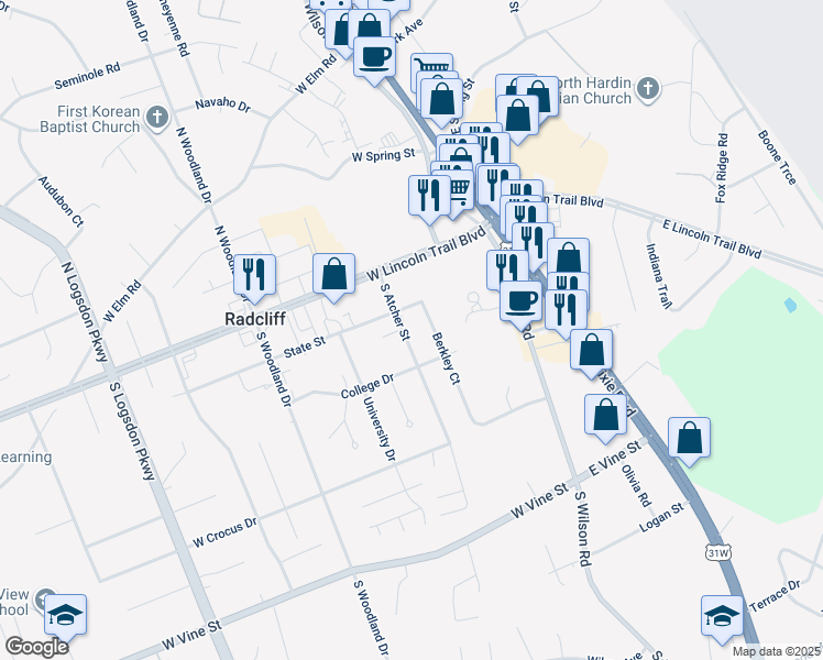 map of restaurants, bars, coffee shops, grocery stores, and more near 308 South Atcher Street in Radcliff
