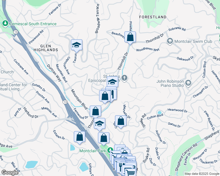 map of restaurants, bars, coffee shops, grocery stores, and more near 5635 Merriewood Drive in Oakland