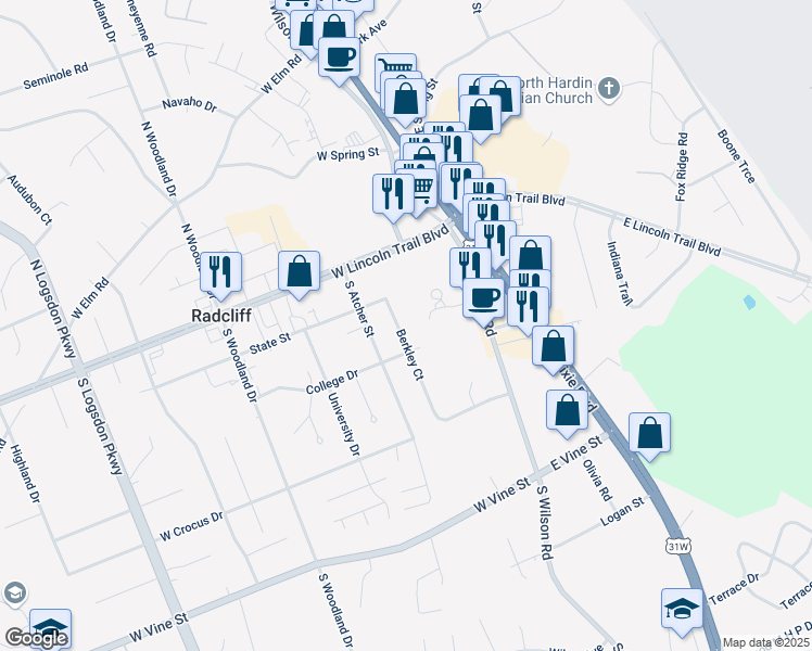 map of restaurants, bars, coffee shops, grocery stores, and more near 300 Berkley Court in Radcliff