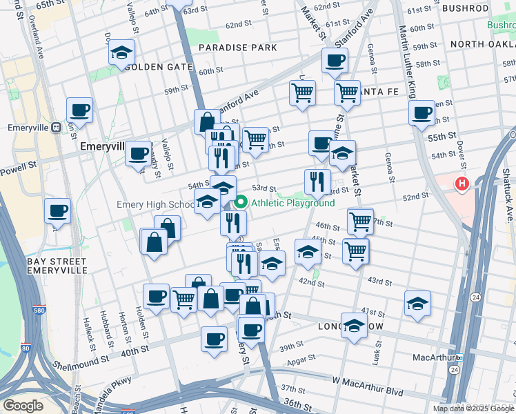 map of restaurants, bars, coffee shops, grocery stores, and more near 1076 47th Street in Emeryville
