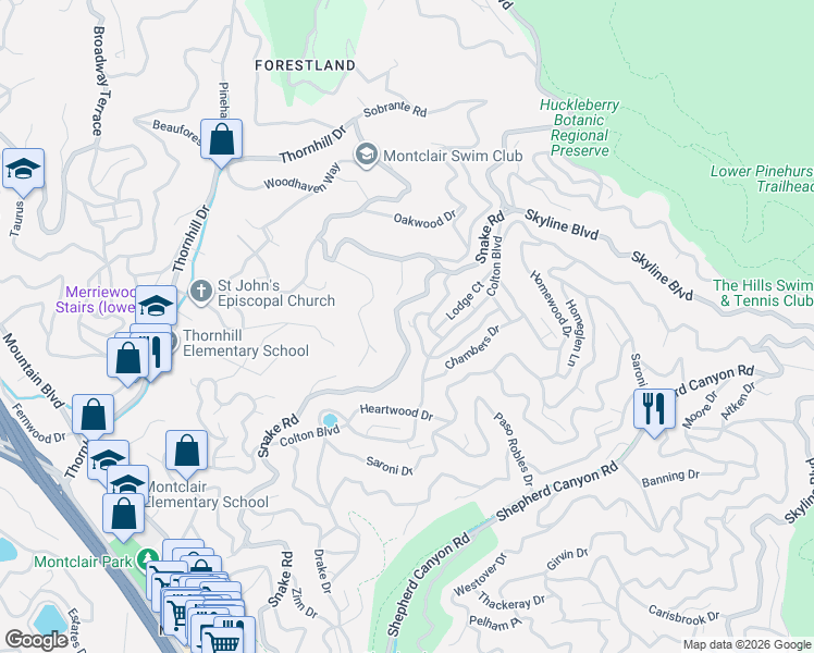 map of restaurants, bars, coffee shops, grocery stores, and more near 6901 Snake Road in Oakland