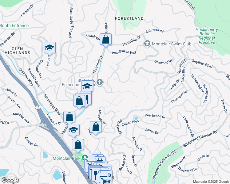 map of restaurants, bars, coffee shops, grocery stores, and more near Gouldin Road in Oakland