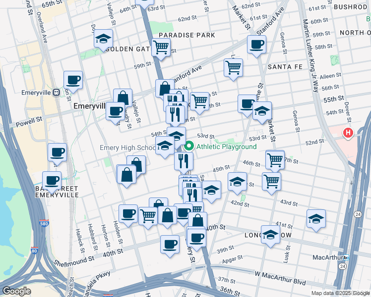 map of restaurants, bars, coffee shops, grocery stores, and more near 1135 47th Street in Emeryville