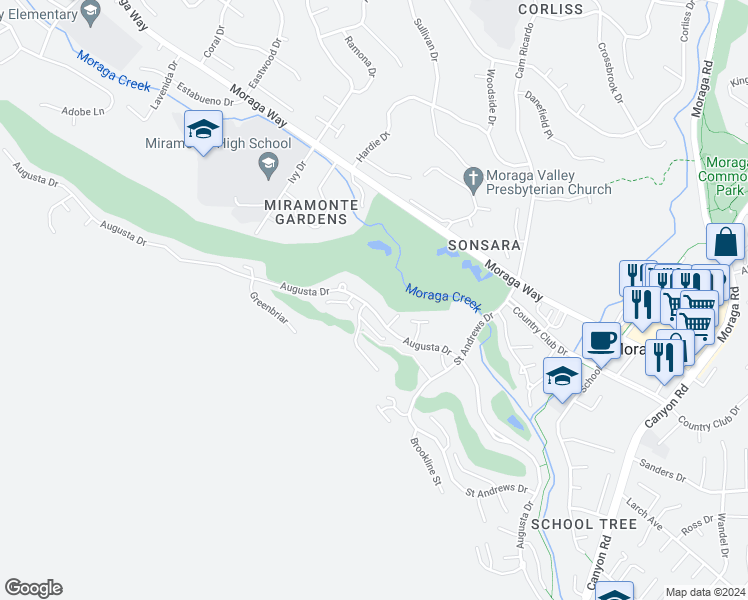 map of restaurants, bars, coffee shops, grocery stores, and more near 589 Augusta Drive in Moraga