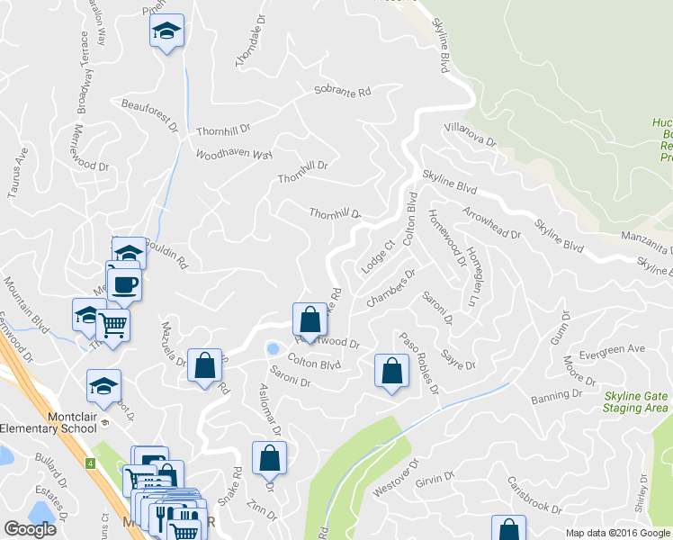 map of restaurants, bars, coffee shops, grocery stores, and more near 6901 Snake Road in Oakland