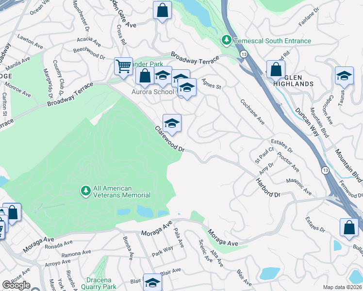 map of restaurants, bars, coffee shops, grocery stores, and more near 4851 Clarewood Drive in Oakland