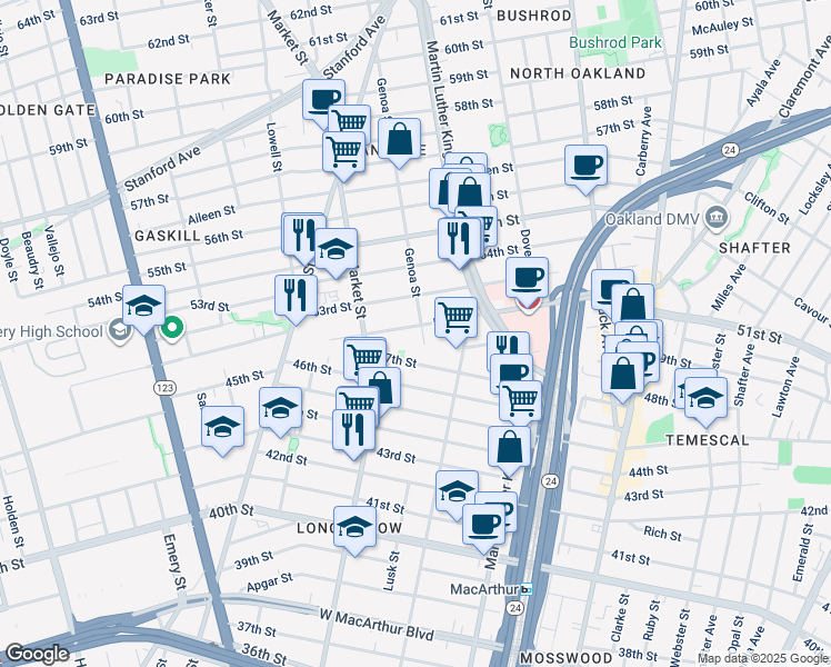 map of restaurants, bars, coffee shops, grocery stores, and more near 840 47th Street in Oakland