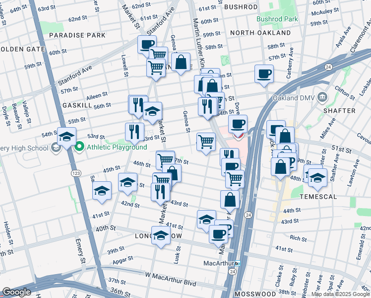 map of restaurants, bars, coffee shops, grocery stores, and more near 840 47th Street in Oakland