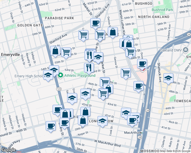 map of restaurants, bars, coffee shops, grocery stores, and more near 4600 Adeline Street in Emeryville