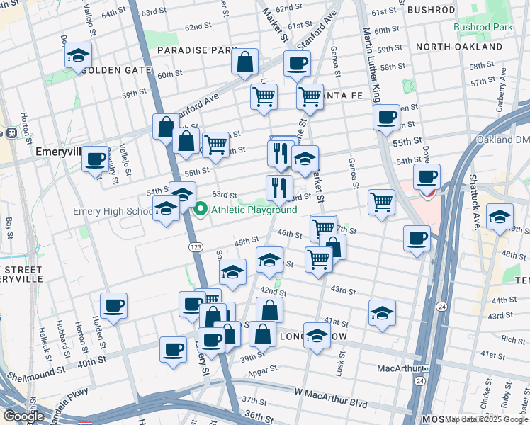 map of restaurants, bars, coffee shops, grocery stores, and more near in Emeryville