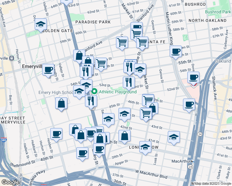 map of restaurants, bars, coffee shops, grocery stores, and more near 1039 47th Street in Emeryville