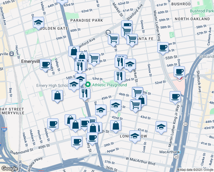 map of restaurants, bars, coffee shops, grocery stores, and more near 1039 47th Street in Emeryville