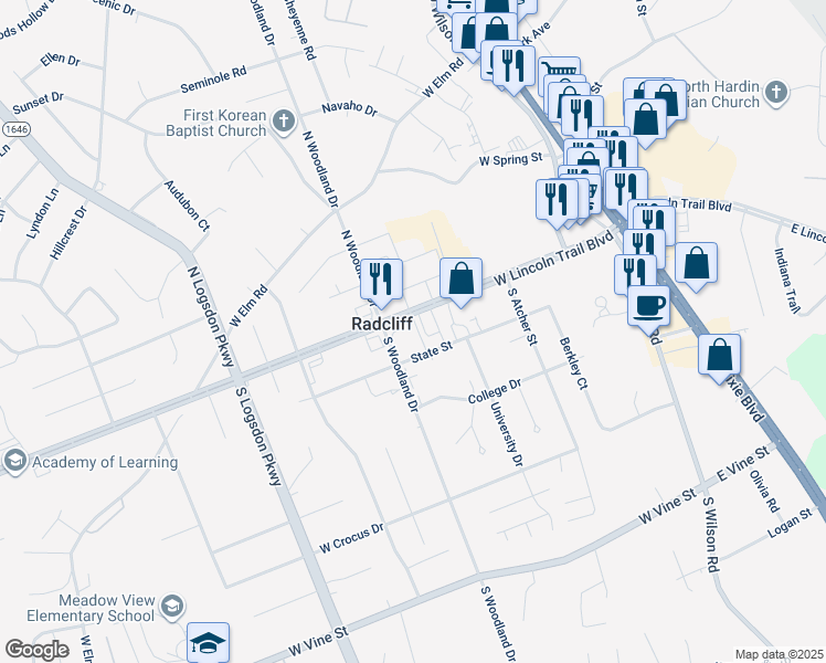 map of restaurants, bars, coffee shops, grocery stores, and more near 590 West Lincoln Trail Boulevard in Radcliff