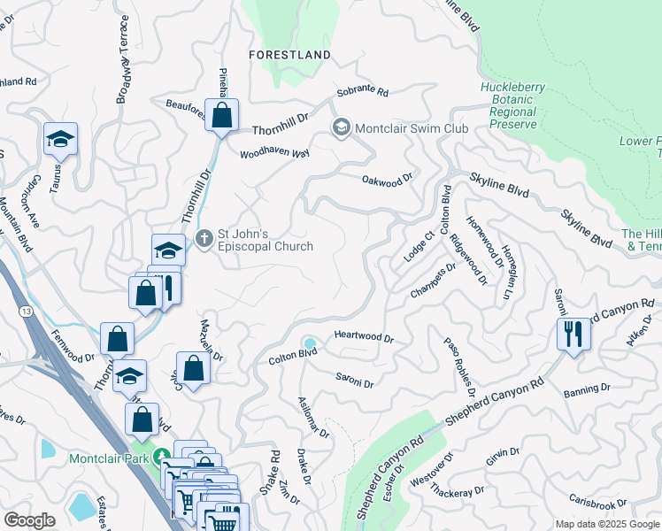 map of restaurants, bars, coffee shops, grocery stores, and more near 6799 Armour Drive in Oakland