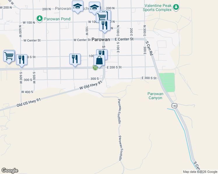 map of restaurants, bars, coffee shops, grocery stores, and more near 363 South Main Street in Parowan