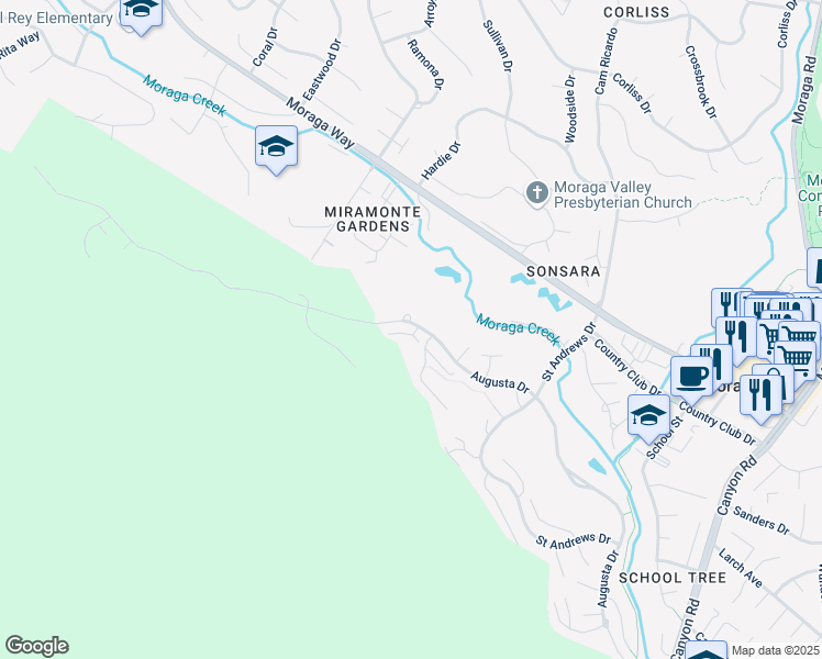 map of restaurants, bars, coffee shops, grocery stores, and more near 20 Tamarisk in Moraga