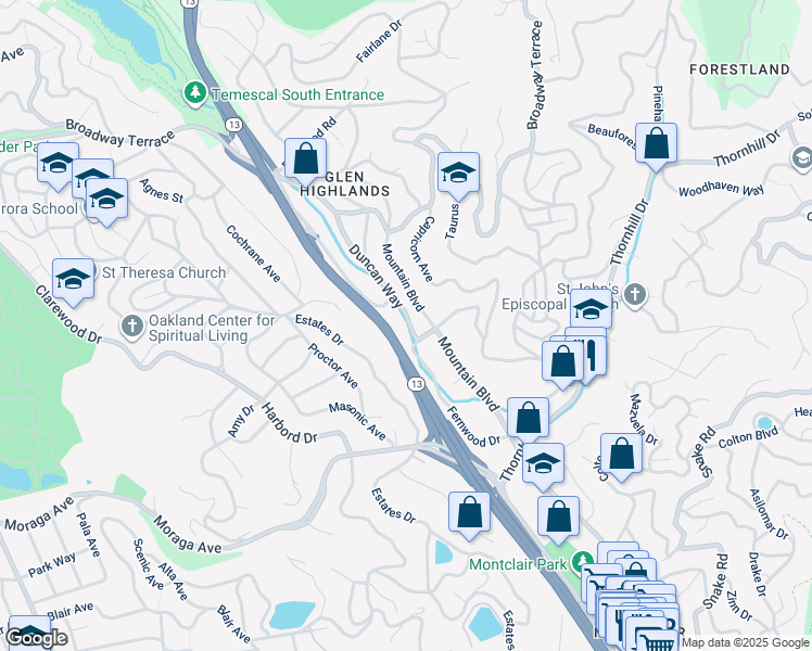 map of restaurants, bars, coffee shops, grocery stores, and more near 223 Duncan Way in Oakland