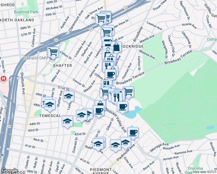 map of restaurants, bars, coffee shops, grocery stores, and more near in Piedmont