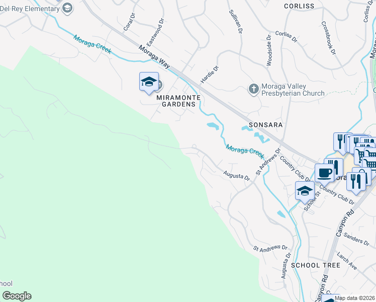 map of restaurants, bars, coffee shops, grocery stores, and more near 28 Tamarisk in Moraga