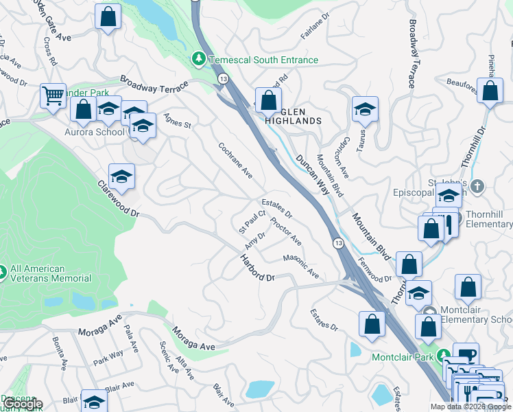 map of restaurants, bars, coffee shops, grocery stores, and more near 5839 Amy Drive in Oakland