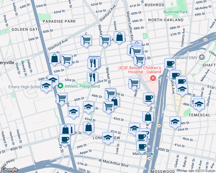 map of restaurants, bars, coffee shops, grocery stores, and more near 936 46th Street in Oakland