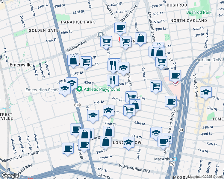 map of restaurants, bars, coffee shops, grocery stores, and more near 4600 Adeline Street in Emeryville