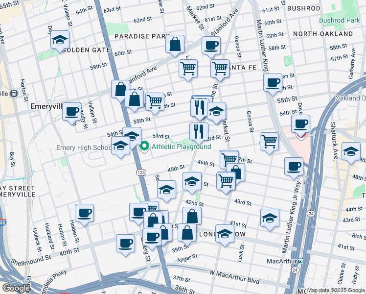 map of restaurants, bars, coffee shops, grocery stores, and more near in Emeryville