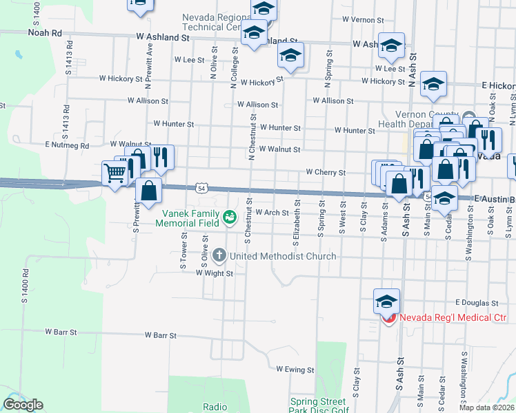 map of restaurants, bars, coffee shops, grocery stores, and more near 318 South Tucker Street in Nevada