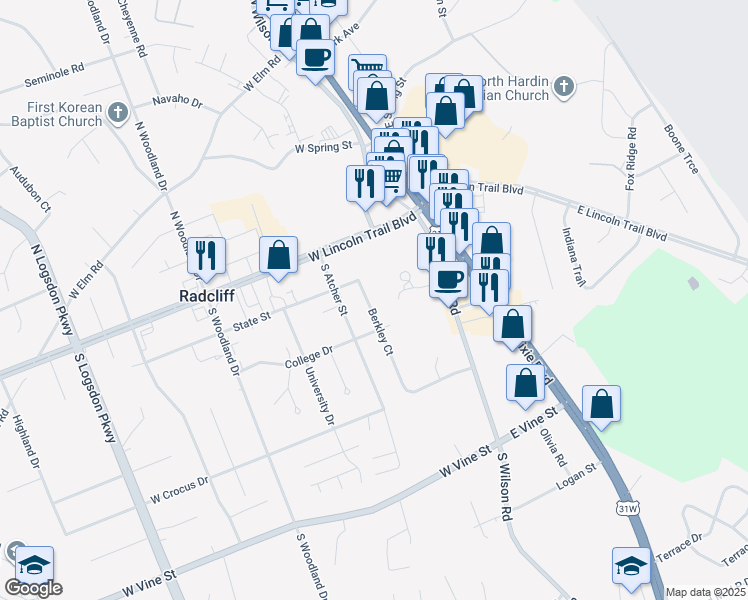 map of restaurants, bars, coffee shops, grocery stores, and more near 308 South Atcher Street in Radcliff