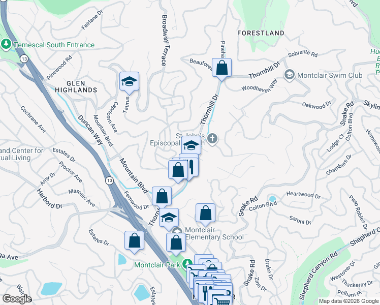 map of restaurants, bars, coffee shops, grocery stores, and more near 5900 Marden Lane in Oakland