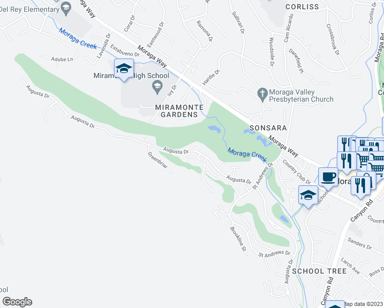 map of restaurants, bars, coffee shops, grocery stores, and more near 26 Tamarisk in Moraga