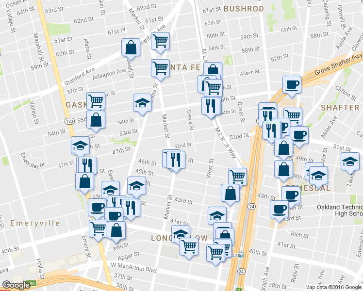 map of restaurants, bars, coffee shops, grocery stores, and more near 876 52nd Street in Oakland