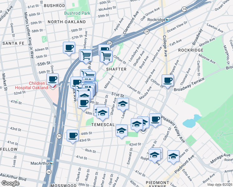 map of restaurants, bars, coffee shops, grocery stores, and more near 400 51st Street in Oakland