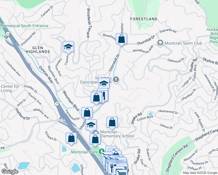 map of restaurants, bars, coffee shops, grocery stores, and more near 5914 Thornhill Drive in Oakland