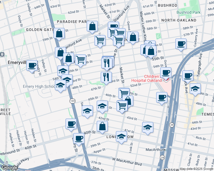 map of restaurants, bars, coffee shops, grocery stores, and more near 945 53rd Street in Oakland