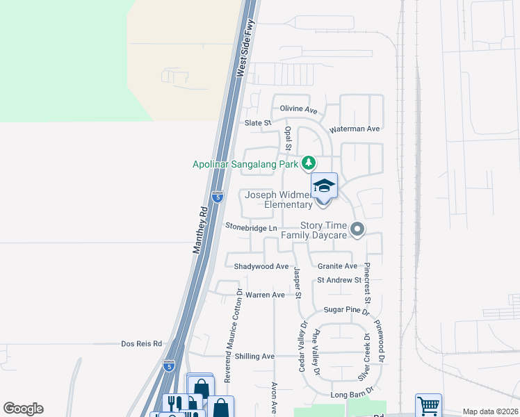 map of restaurants, bars, coffee shops, grocery stores, and more near 186 Hornfels Avenue in Lathrop