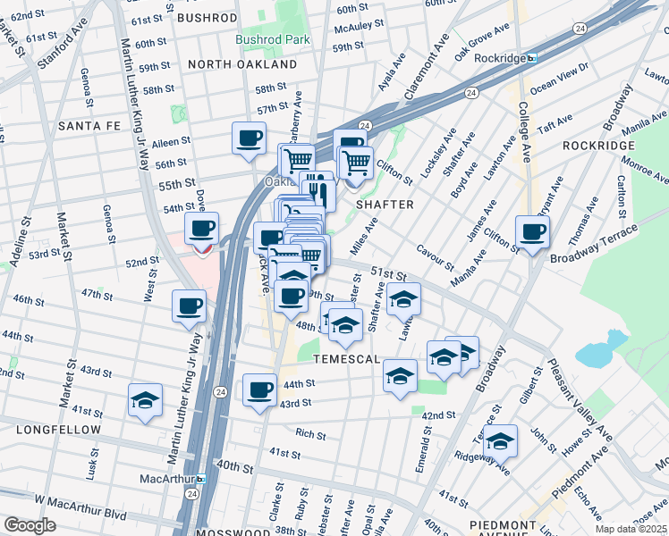 map of restaurants, bars, coffee shops, grocery stores, and more near 5118 Clarke Street in Oakland
