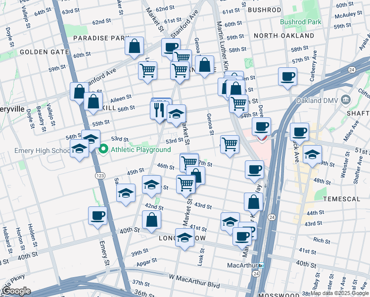 map of restaurants, bars, coffee shops, grocery stores, and more near 920 53rd Street in Oakland