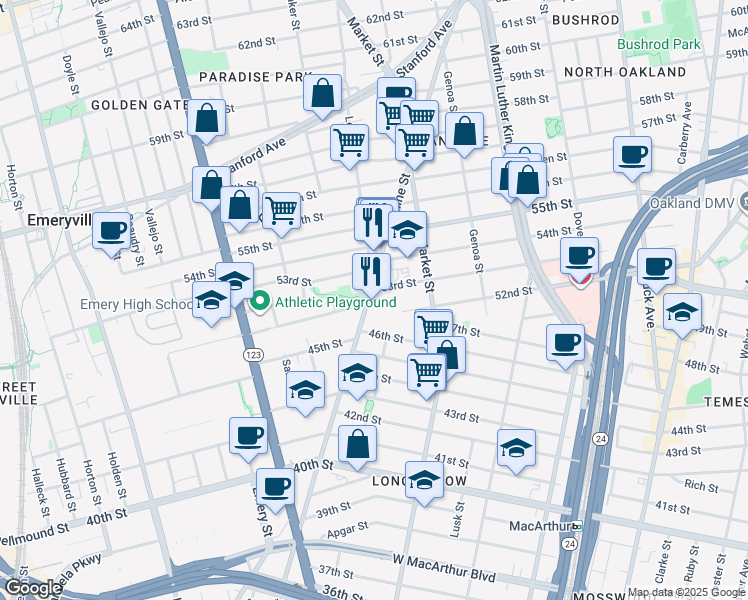 map of restaurants, bars, coffee shops, grocery stores, and more near 945 53rd Street in Oakland