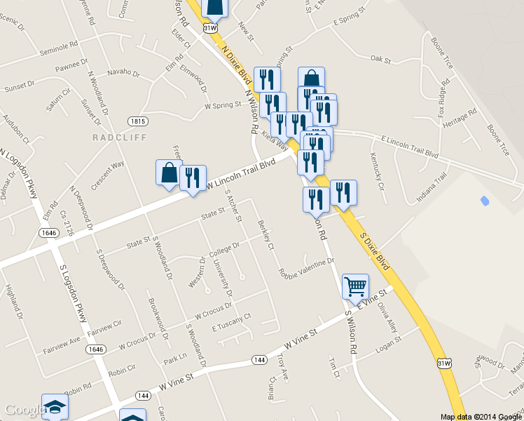 map of restaurants, bars, coffee shops, grocery stores, and more near 280 Berkley Court in Radcliff