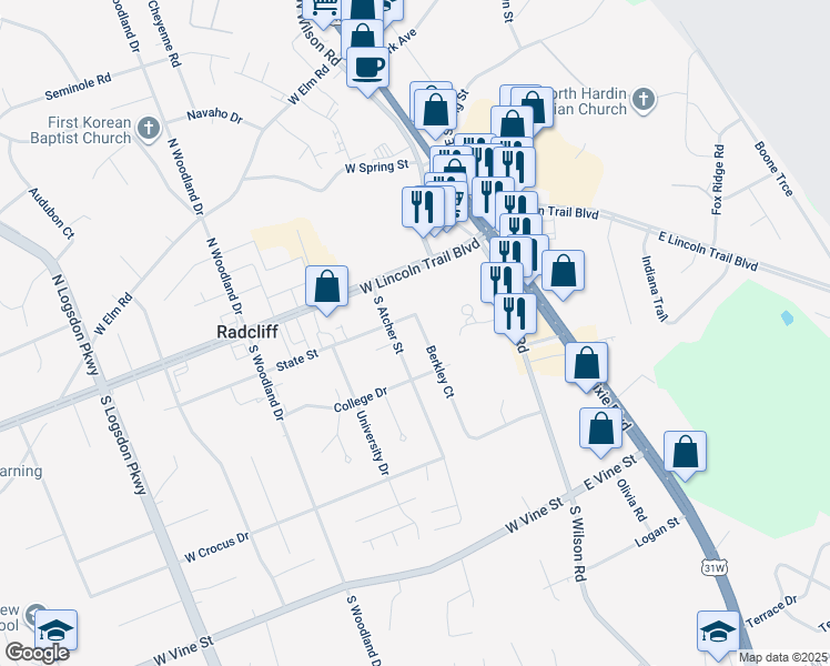 map of restaurants, bars, coffee shops, grocery stores, and more near 280 Berkley Court in Radcliff