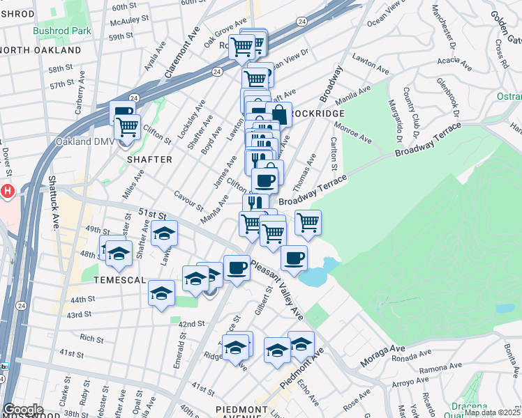 map of restaurants, bars, coffee shops, grocery stores, and more near in Oakland