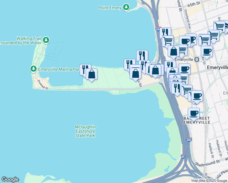 map of restaurants, bars, coffee shops, grocery stores, and more near 2449 Powell Street in Emeryville